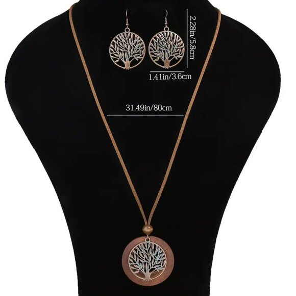 Necklace & Earrings 3pc Set Tree of Life Leather Dangle Boho Hippie Bronzed - Picture 4 of 4